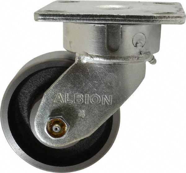 Albion Swivel Top Plate Caster: Drop Forged & Steel, 1,400 lb, 4" Dia, 1-1/2" Wide, 5-5/8" OAH - 4 x 4-1/2" Plate, 2-5/8 x 3-5/8 Slotted to 3 x 3"