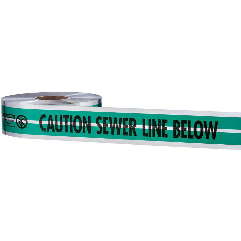 Underground Utility Marking Tape; Tape Type: Detectable ; APWA Color Meaning: Sewers & Drain Lines ; Legend Color: Green ; Legend: Caution Sewer Line Below ; Roll Width: 2 ; Roll Length (Feet): 1000.00