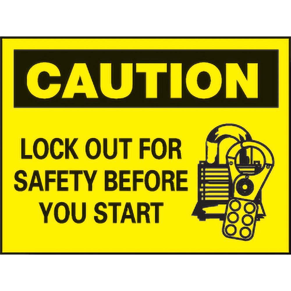 Sign: Rectangle, "Caution - Lock Out for Safety Before You Start"