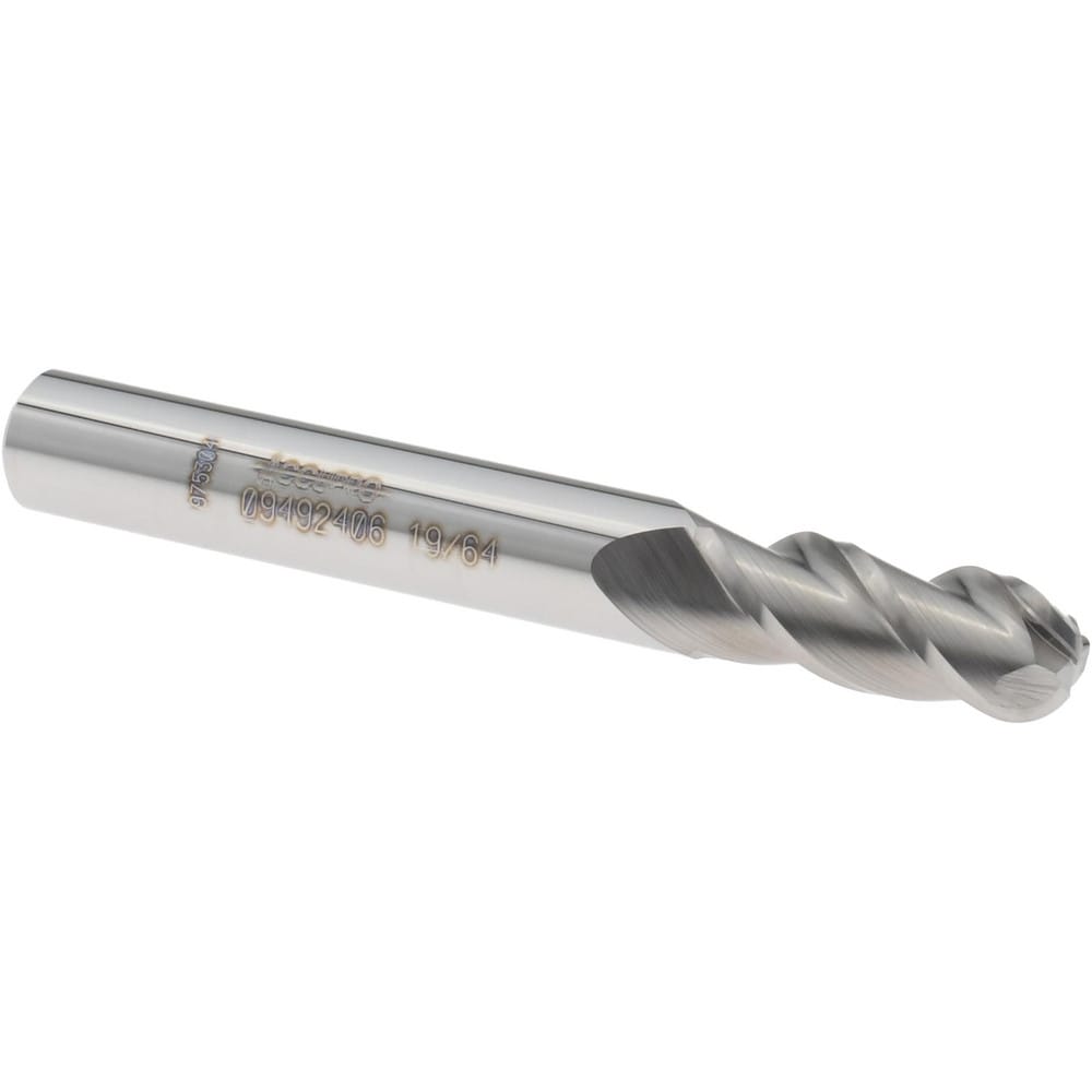 Ball End Mill: 19/64" Dia, 3/4" LOC, 3 Flute, Solid Carbide