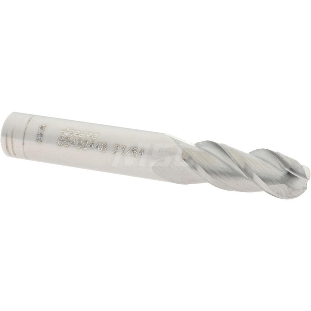 Ball End Mill: 0.3594" Dia, 0.875" LOC, 3 Flute, Solid Carbide