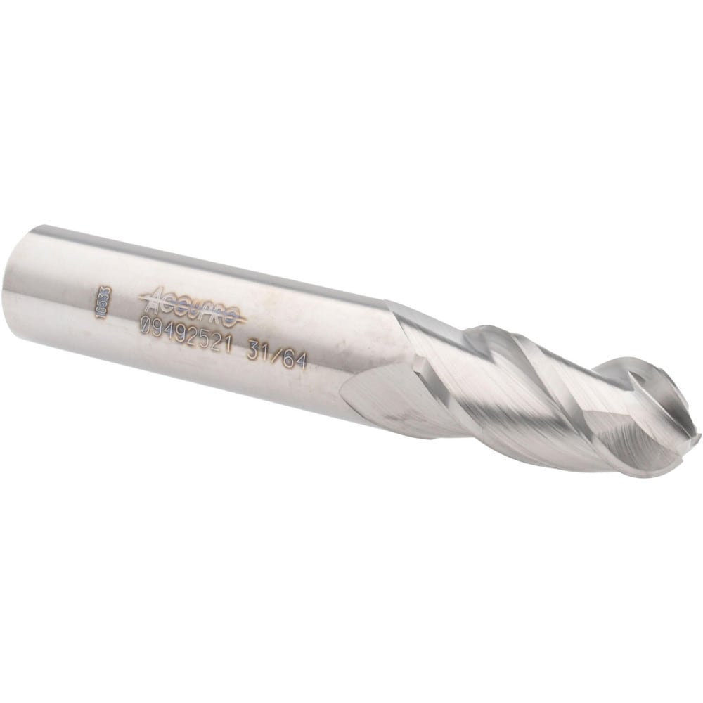 Accupro 12184394 Ball End Mill: 0.4844" Dia, 1" LOC, 3 Flute, Solid Carbide 