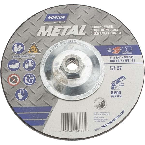 Depressed Center Wheel: Type 27, 7" Dia, Aluminum Oxide