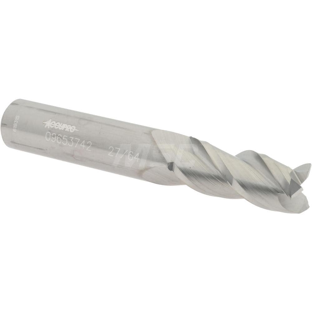 Accupro 12182046 Square End Mill: 27/64 Dia, 1 LOC, 7/16 Shank Dia, 2-3/4 OAL, 3 Flutes, Solid Carbide 