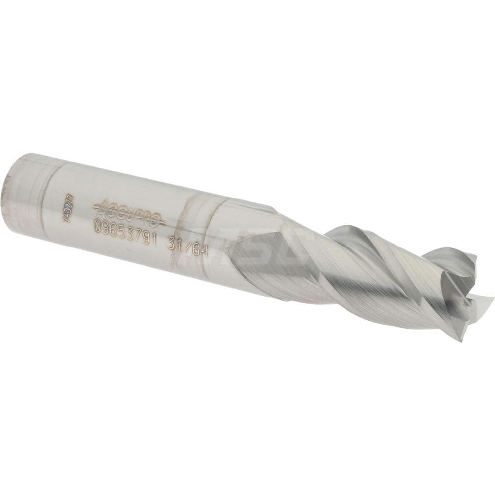 Accupro 12182058 Square End Mill: 31/64 Dia, 1 LOC, 1/2 Shank Dia, 3 OAL, 3 Flutes, Solid Carbide 