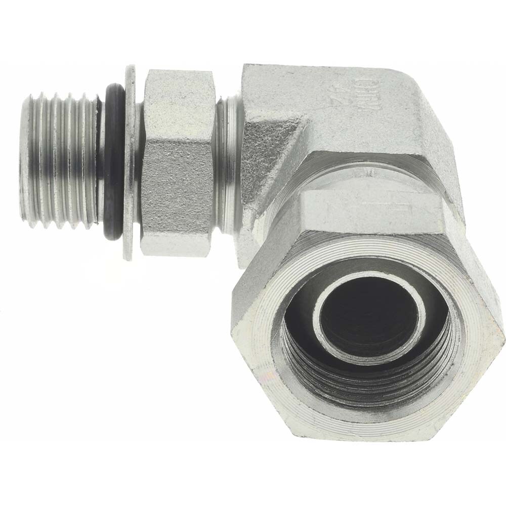 Industrial Pipe 90 ° Elbow Adapter: 3/8-18 Female Thread, 9/16-18 Male Thread, FNPSM x Male Straight Thread O-Ring