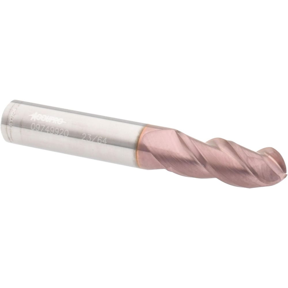 Ball End Mill: 0.3594" Dia, 0.875" LOC, 3 Flute, Solid Carbide