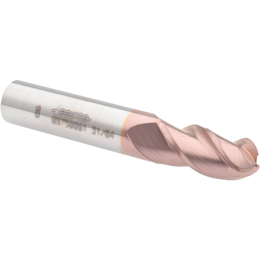 Ball End Mill: 0.4844" Dia, 1" LOC, 3 Flute, Solid Carbide