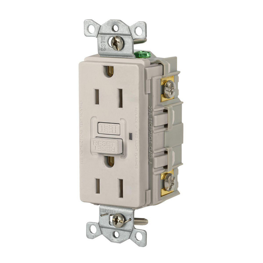 GFCI Receptacles; Grade: Commercial ; Receptacle Type: Duplex ; NEMA Configuration: 5-15R ; Wire Connection Type: Screw Terminals ; End Type: Socket ; Reset Type: Manual