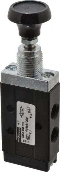 Mechanically Operated Valve: 3-Way & 2-Position, Button-Push Pull Actuator, 1/8" Inlet, 2 Position