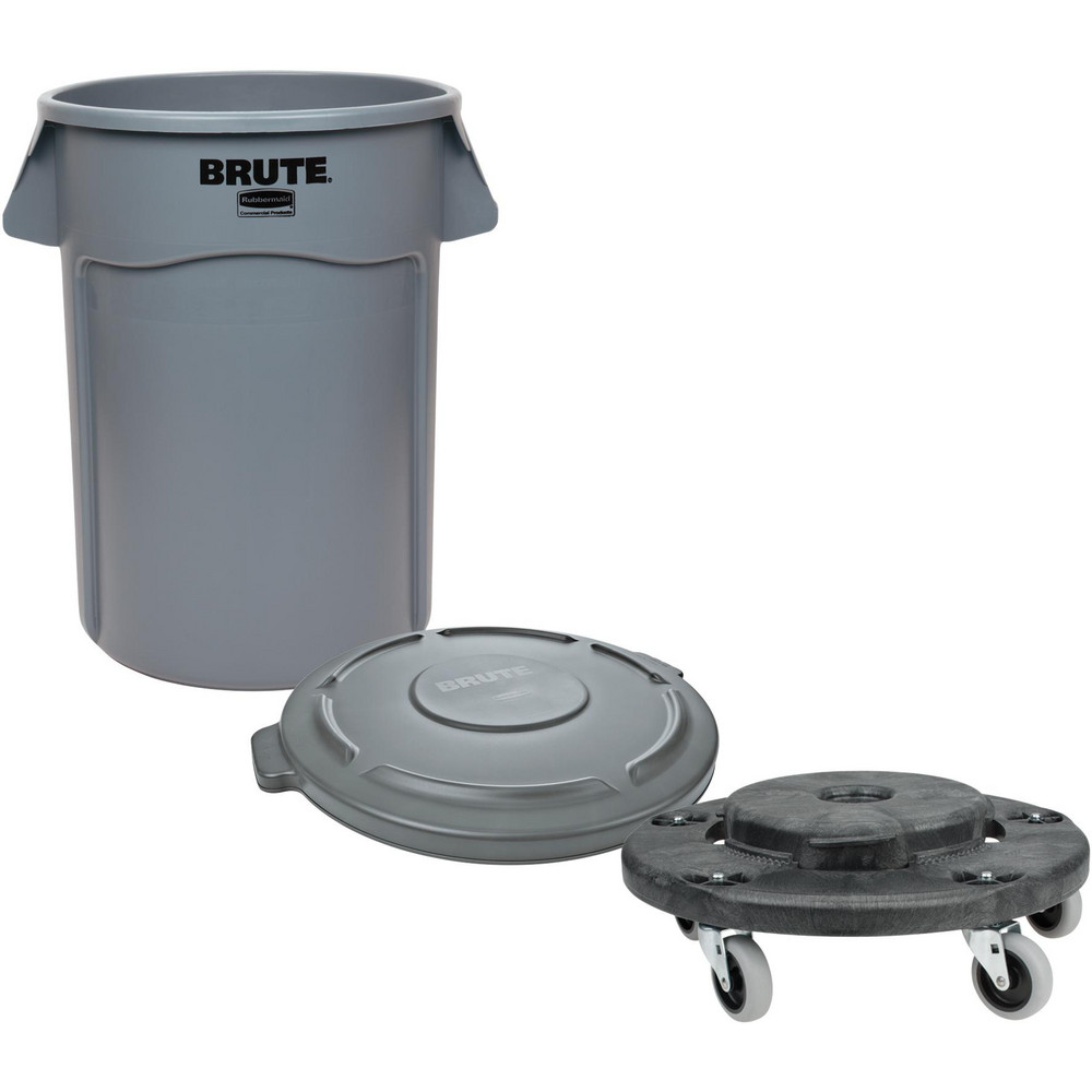 Trash Can: 44 gal, Round, Gray - Polyethylene, with Lid & Dolly