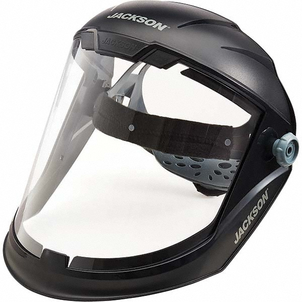 Face Shield: Chemical Splash & Debris - Polycarbonate, Black, 9" High, 13" Wide, Includes 370 Headgear