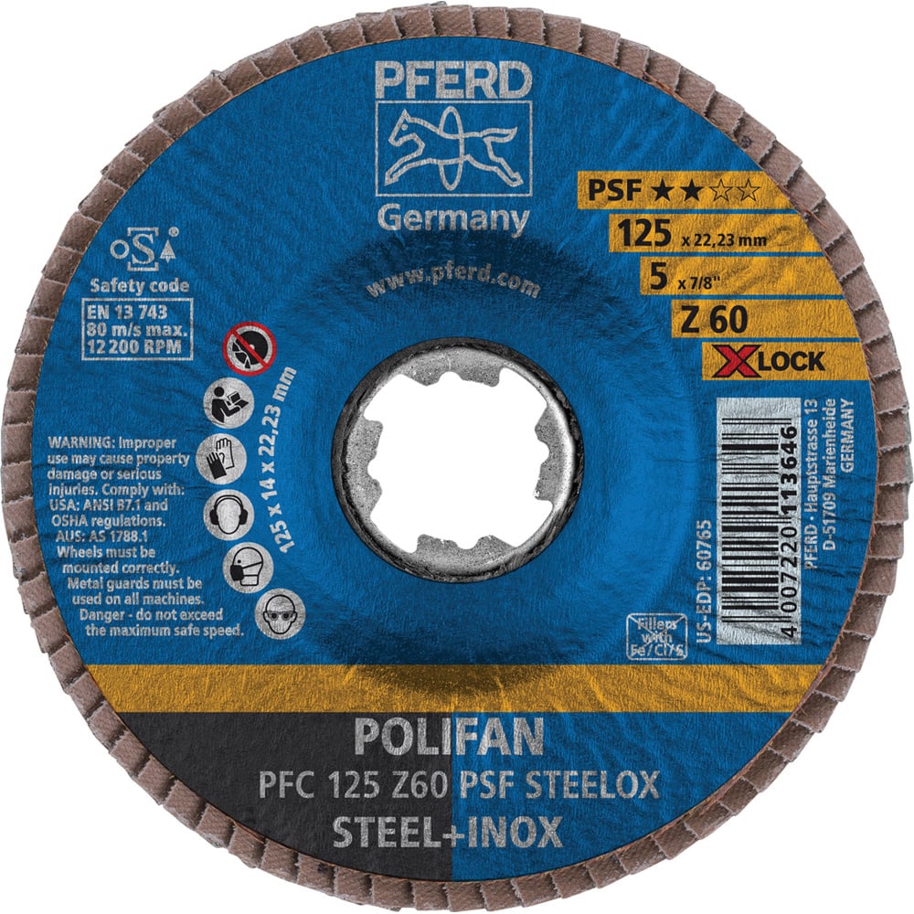 PFERD 60765 Flap Disc: 7/8" Hole, 60 Grit, Zirconia Alumina, Type 29 