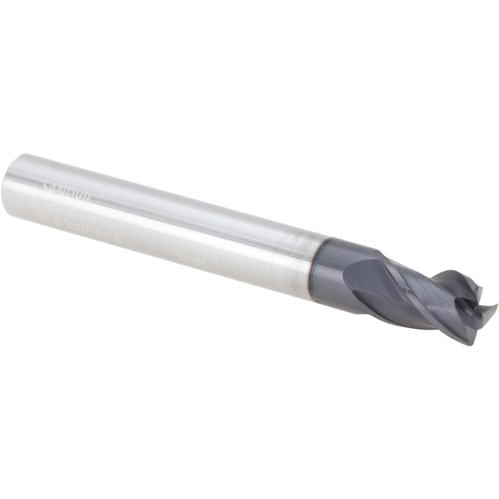 Corner Radius End Mill: 1/4" Dia, 3/8" LOC, 0.0180" Radius, 3 Flute, Solid Carbide