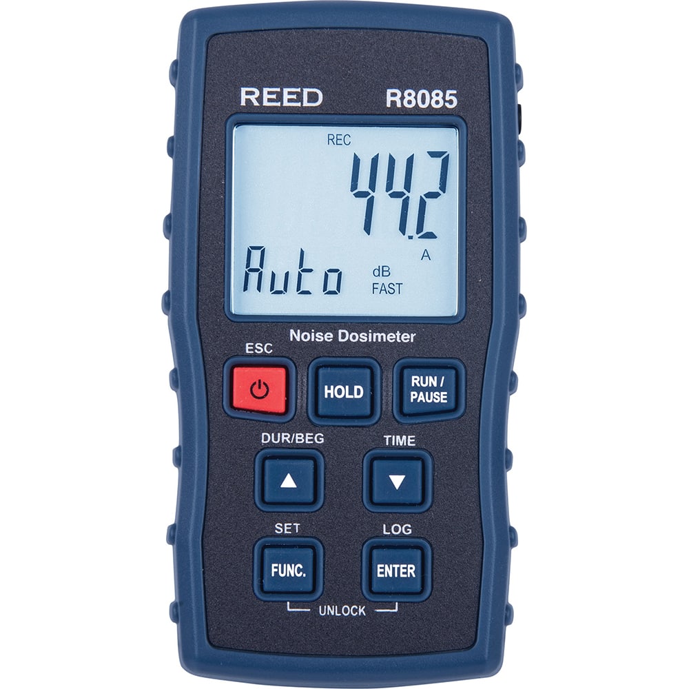 REED Instruments R8085 Sound Meters; Type: Noise Dosimeter ; Frequency Weighting: A & C ; Sound Range (dB): 35 - 130 ; Display Type: 4-Digit LCD ; Accuracy (dB): 3.00 ; Resolution (dB): 0.10 