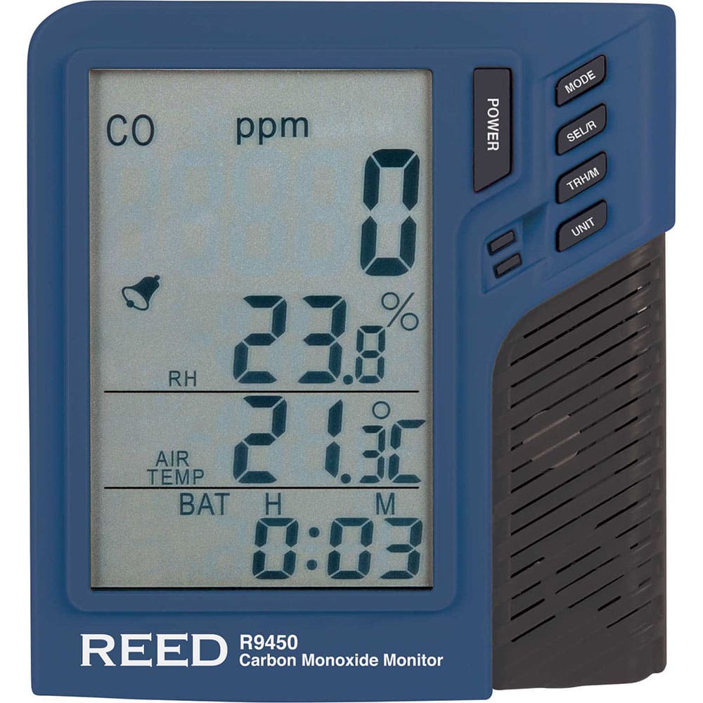 REED Instruments R9450 Natural Gas, Carbon Monoxide & Refrigerant Detectors; Detector Type: CO Meter ; Display Type: LCD ; Humidity Range: 10 to 90% ; Function: Measures carbon monoxide (CO), air temperature & relative humidity ; Height (Decimal Inch): 1.1000 