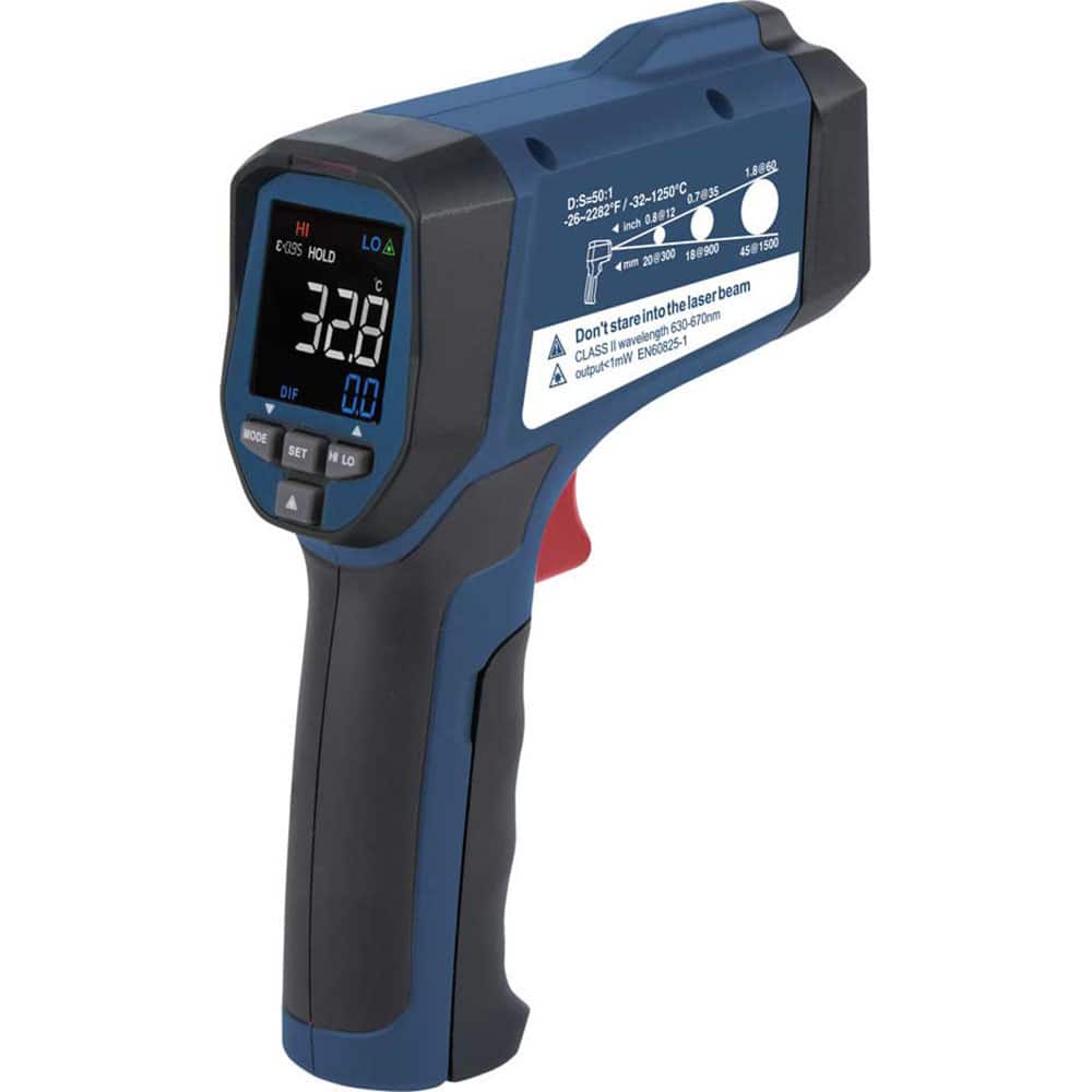 REED Instruments R2330 Infrared Thermometers; Resolution: 0.1 ; Power Supply: 9V Battery ; Distance to Spot Ratio: 50:1 ; Minimum Temperature (C - 2 Decimals): -32.00 ; Minimum Temperature (Deg F - 3 Decimals): -26.00 ; Maximum Temperature (F) ( - 0 Decimals): 2282.00 