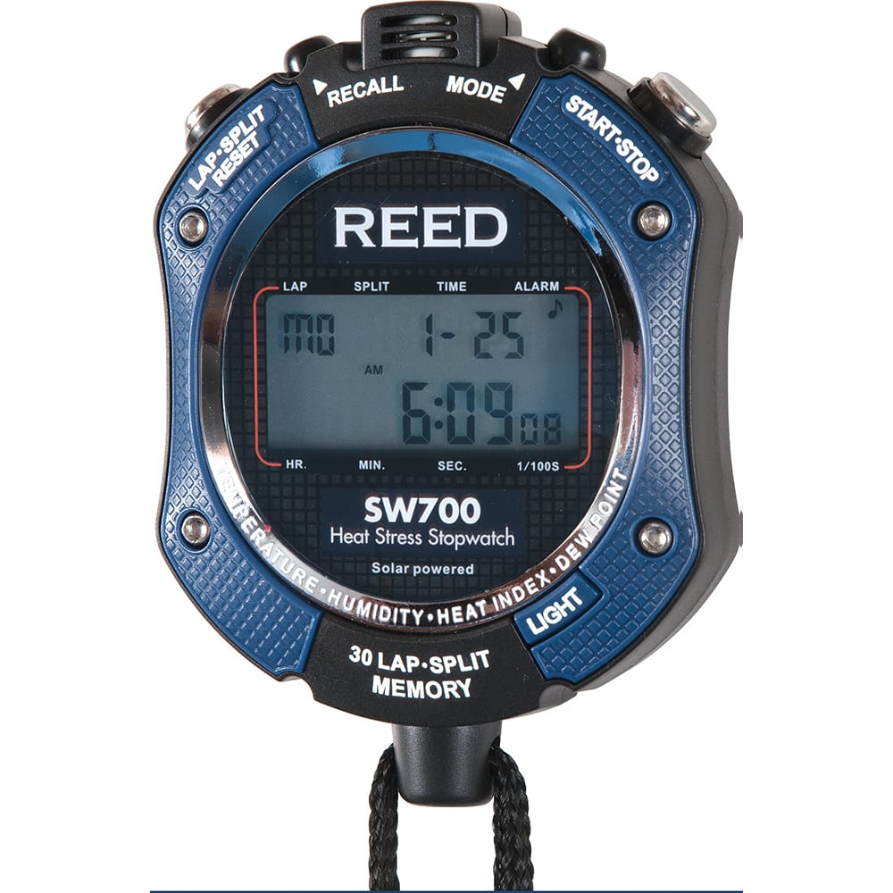 REED Instruments SW700 Stopwatches; Type: Stopwatch/ Timer/ Clock/ Heat Stress ; Color: Blue ; Battery Type: CR2032; Solar ; Functions: Time, Temperature, Humidity, Heat Index, Lap, Split Time, Countdown, Alarm ; Back Lit: Yes ; Resolution: .1; .1 