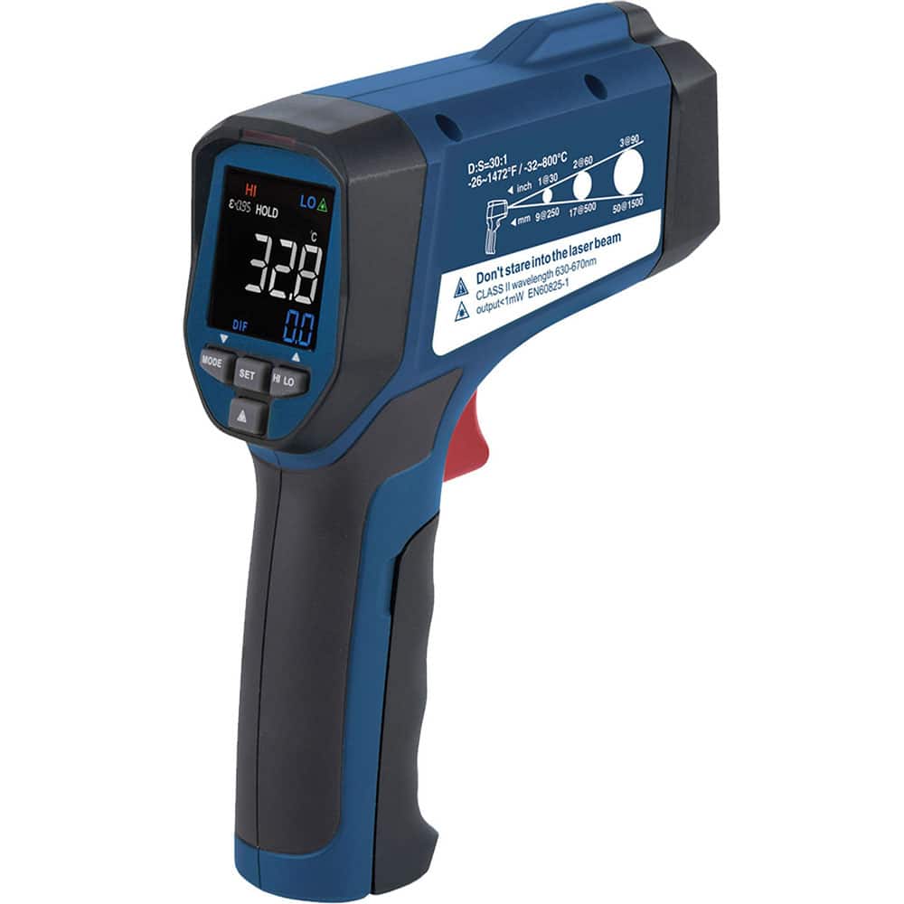 Infrared Thermometers; Resolution: 0.1 ; Power Supply: 9V Battery ; Distance to Spot Ratio: 30:1 ; Minimum Temperature (C - 2 Decimals): -32.00 ; Minimum Temperature (Deg F - 3 Decimals): -26.00 ; Maximum Temperature (F) ( - 0 Decimals): 1472.00