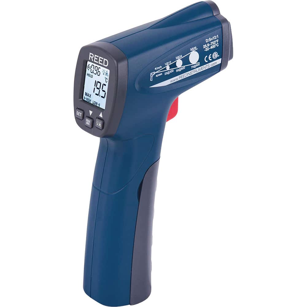 REED Instruments R2300 Infrared Thermometers; Resolution: 0.1 ; Power Supply: 9V Battery ; Distance to Spot Ratio: 12:1 ; Minimum Temperature (C - 2 Decimals): -32.00 ; Minimum Temperature (Deg F - 3 Decimals): -25.60 ; Maximum Temperature (F) ( - 0 Decimals): 752.00 