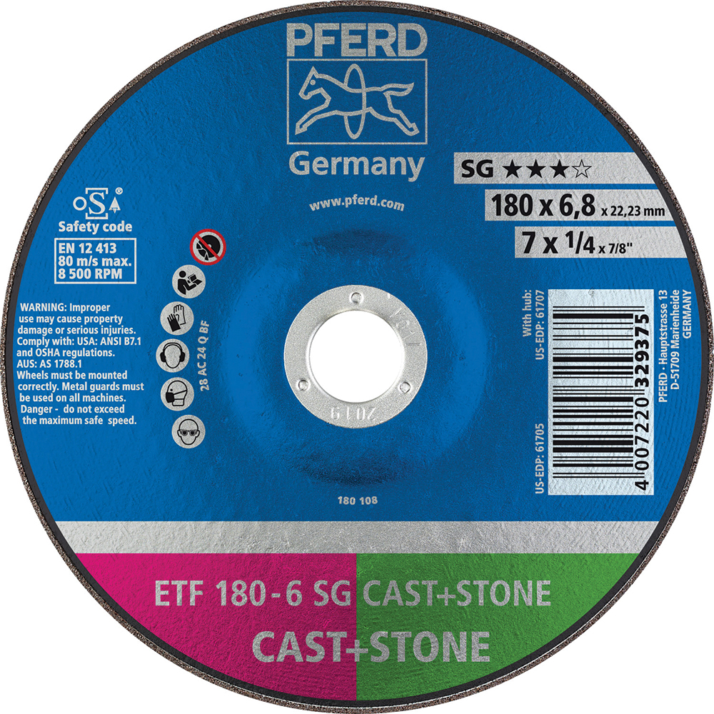 PFERD Depressed Grinding Wheel Type 28, 7" Dia, 1/4" Thick, 7/8