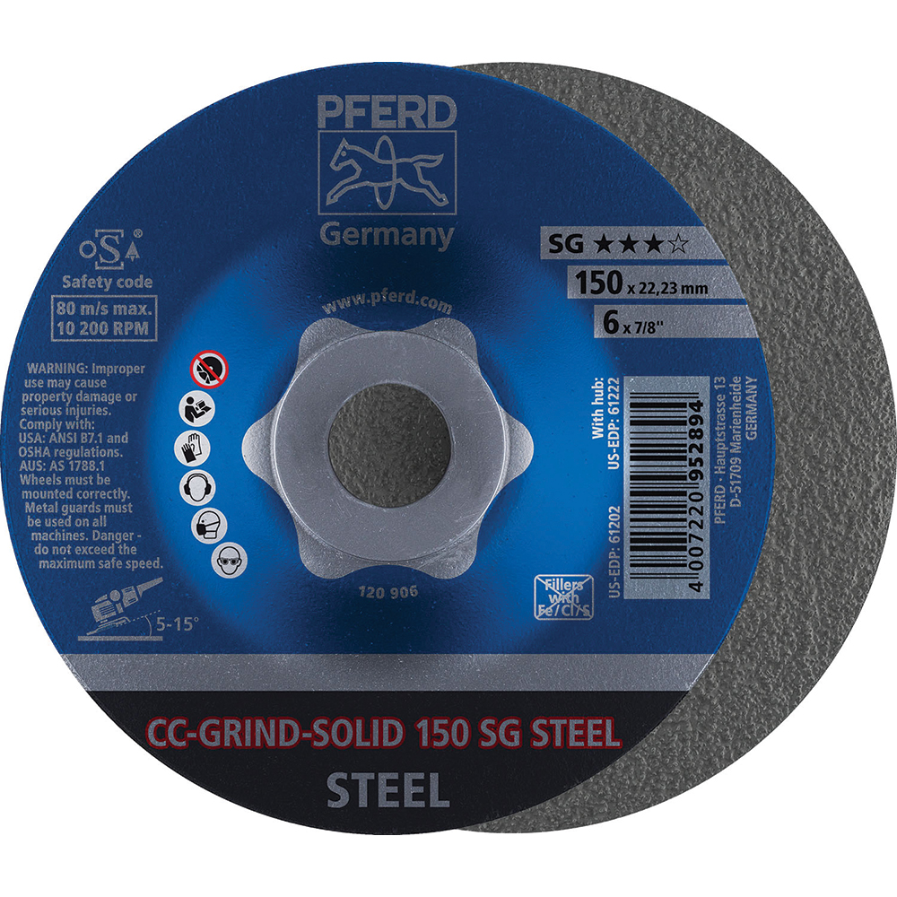 PFERD Depressed Grinding Wheel Type 29, 6" Dia, 7/8" Hole, Steel