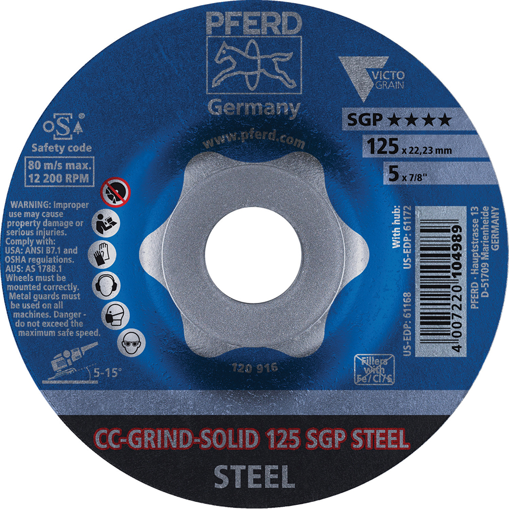 PFERD Depressed Grinding Wheel Type 29, 5" Dia, 7/8" Hole