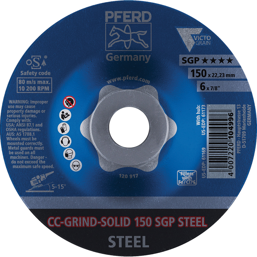 PFERD Depressed Grinding Wheel Type 29, 6" Dia, 7/8" Hole
