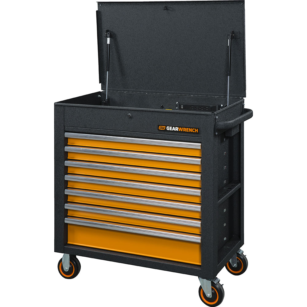 7 Drawer Tool Cart - 20" Deep x 39" High, 100 Lb Capacity, Steel, Black/Orange