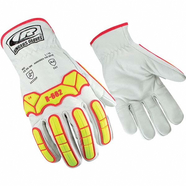 Cut, Puncture & Abrasion-Resistant Gloves: Ringers R662, Size Large, ANSI Cut A4, ANSI Puncture 4, Goatskin Leather & HPPE Lined, Goatskin Leather & HPPE - Natural, Oil Grip, Pair,   High Visibility   ANSI Abrasion 3