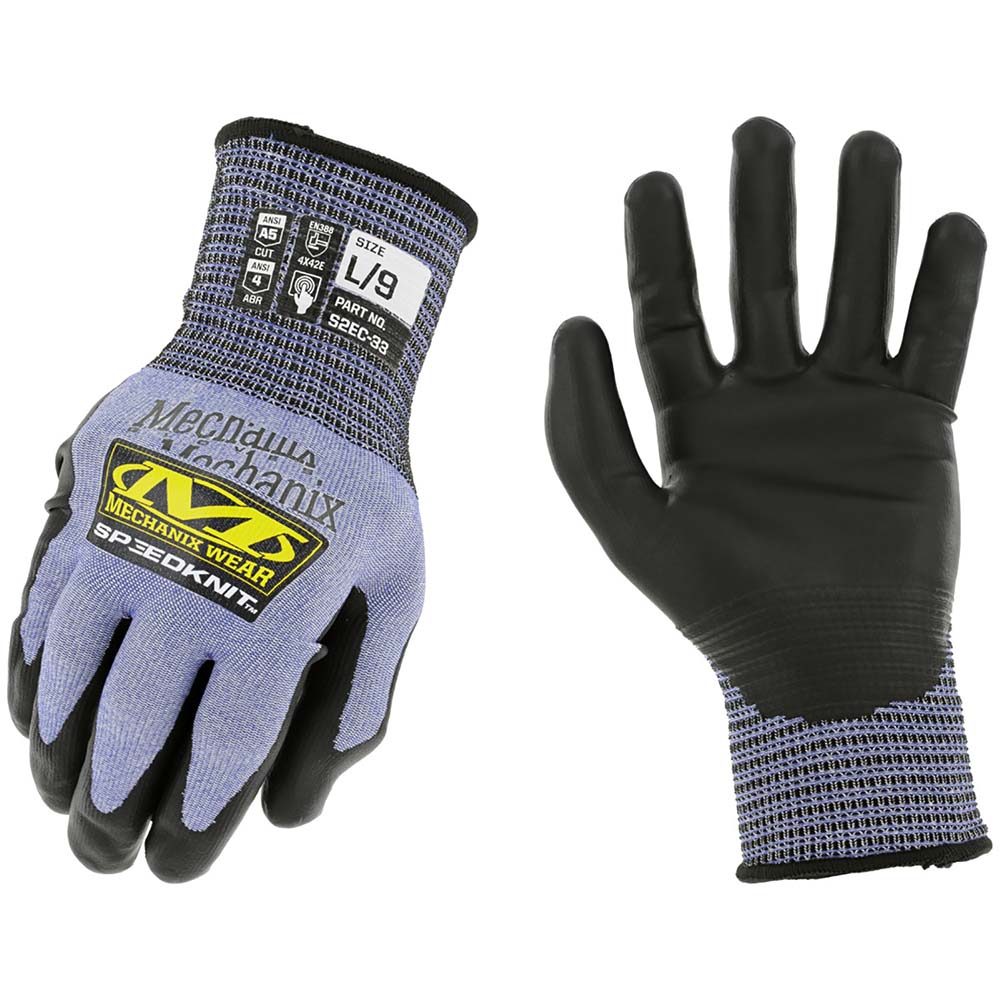 Cut & Abrasion-Resistant Gloves: Mechanix Wear S2EC-33, Cut A5, Puncture 0, Abrasion 4, 18 ga, Size Small - HPPE & Steel Knit, Urethane-Coated, Palm & Fingertips Coating, Smooth Grip, Black on Blue Pair