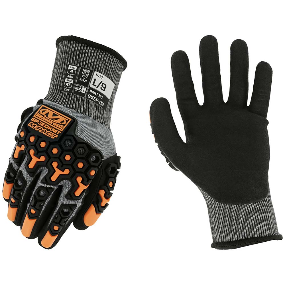 Cut, Puncture & Abrasion-Resistant Gloves: Mechanix Wear S5EP-03, Cut A7, Puncture 3, Abrasion 4, 18 ga, Size Medium - HPPE & Steel Knit, Nitrile-Coated, Palm & Fingertips Coating, Textured Grip, Black on Black<multisep/>Gray<multisep/>Orange Pair