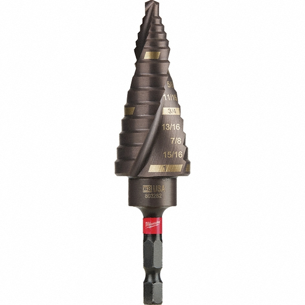 Step Drill Bit: 1/8" Min, 1" Max, 1/4" Shank Dia, Steel, 9 Hole Sizes - 2-17/64" Step Length, 4" OAL, Titanium Finish, Hex Shank