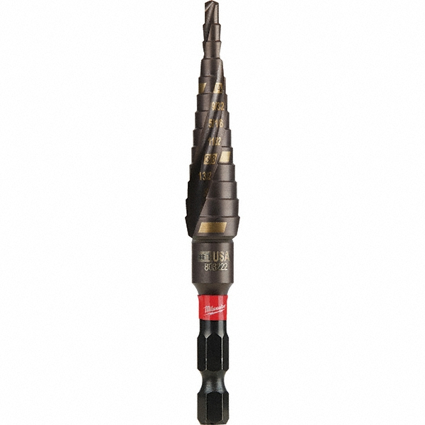 Step Drill Bit: 1/8" Min, 1/2" Max, 1/4" Shank Dia, Steel, 13 Hole Sizes - 2-3/64" Step Length, 3-3/4" OAL, Titanium Finish, Hex Shank