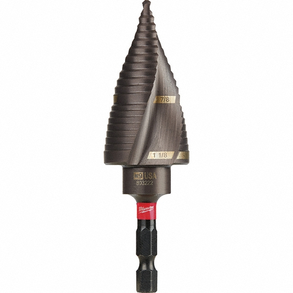 Step Drill Bit: 7/8" Min, 1-1/8" Max, 1/4" Shank Dia, Steel, 2 Hole Sizes - 2-1/8" Step Length, 3-3/4" OAL, Titanium Finish, Hex Shank