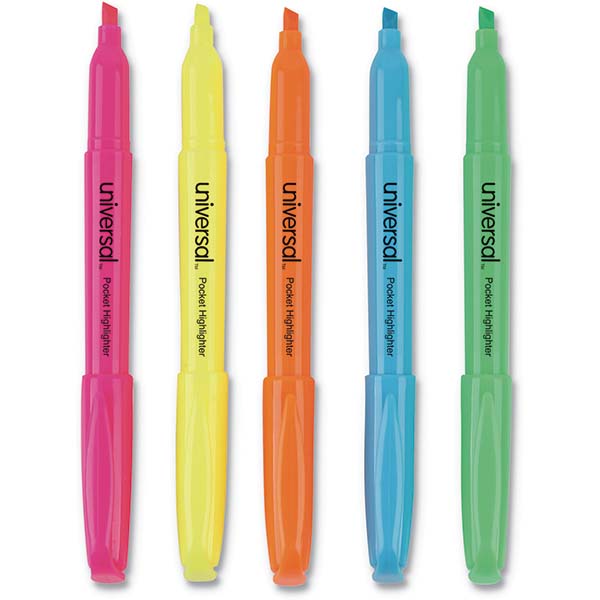 Highlighter: Assorted Colors, Fluorescent, Chisel Tip - 5 Pc