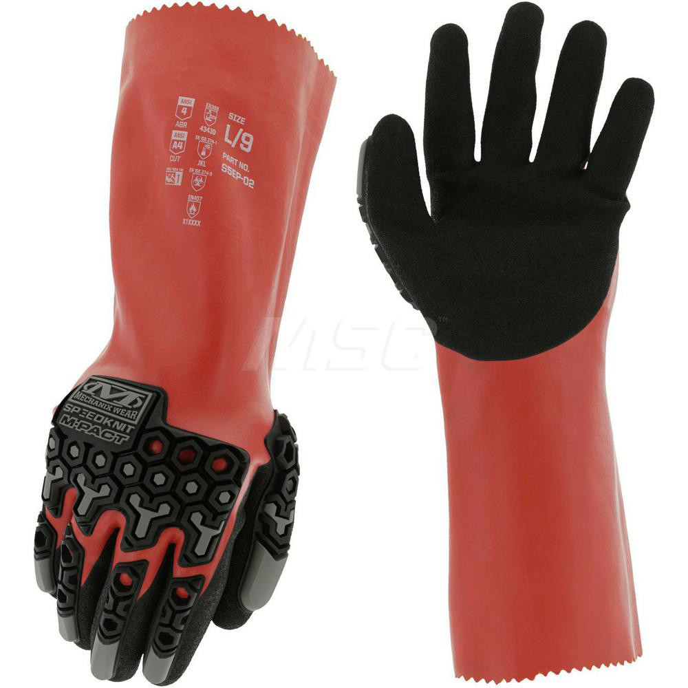 Chemical Resistant Gloves: M-Pact Size Large, 43.0000 mil, Sandy Nitrile-Coated, HPPE & Glass, Unsupported, Impact - Red, Sandy Grip, Pair, ANSI Abrasion 4, ANSI Cut A4, ANSI Puncture 3, }