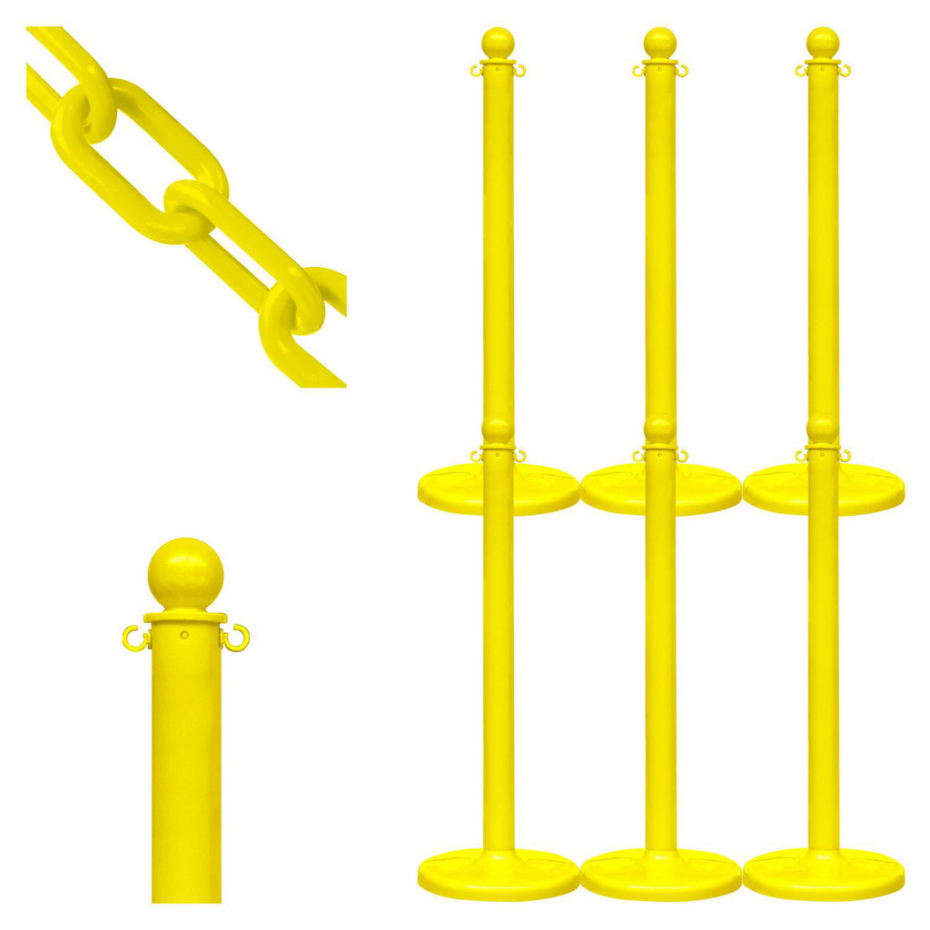 PRO-SAFE Medium Duty Stanchion & Chain Kit, Yellow, 6/pk | Part #STN-KIT7-YLW-C