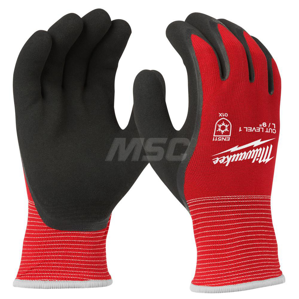 Cut-Resistant Gloves: Milwaukee 48-22, Cut A1, Puncture 0, Abrasion 0, 15 ga, Size X-Large - Nylon, Latex-Coated, Palm & Fingers Coating, Textured Grip, Black on Red Pair