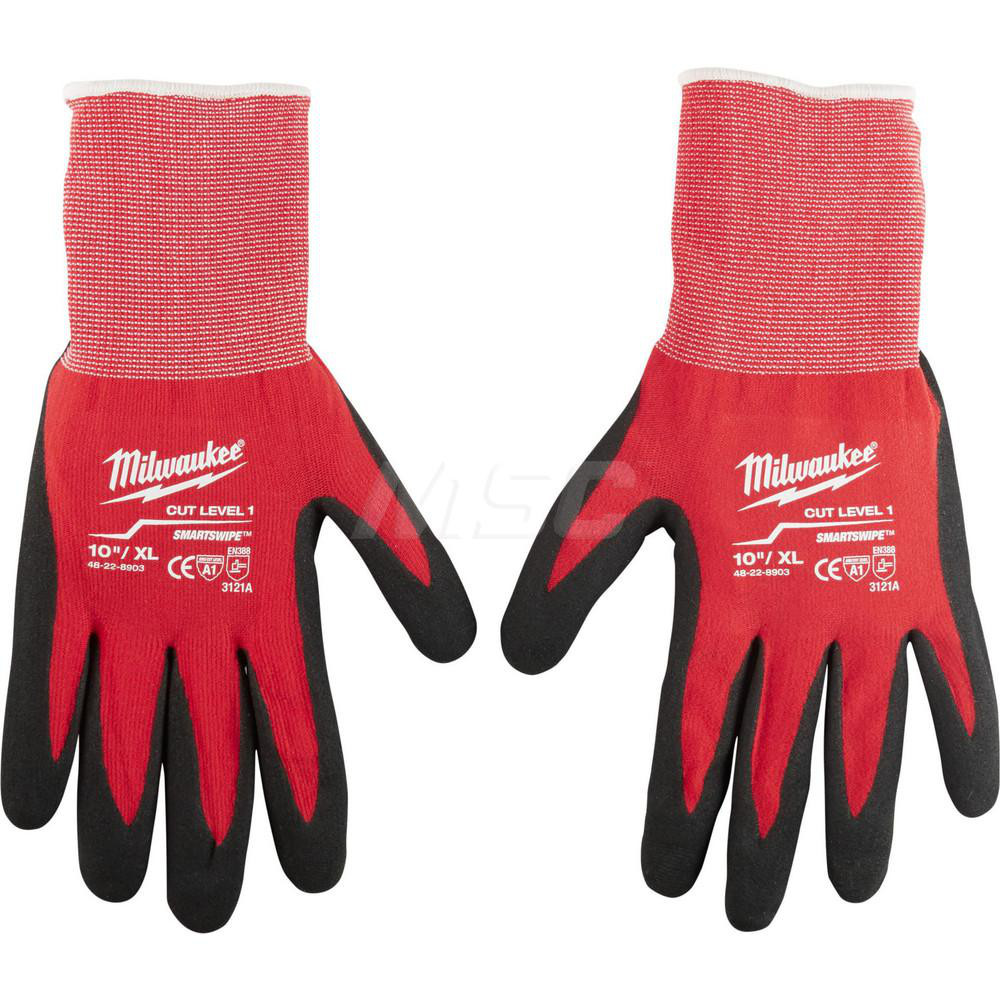 Cut-Resistant Gloves: Milwaukee 48-22, Cut A1, Puncture 0, Abrasion 0, 13 ga, Size X-Large - Nylon, Nitrile-Coated, Palm & Fingers Coating, Textured Grip, Black on Red Pair