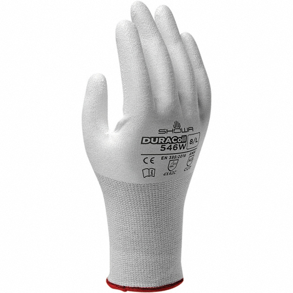 Cut & Abrasion-Resistant Gloves: SHOWA® 546W, Cut A3, Puncture 0, Abrasion 4, 13 ga, Size X-Large, 9-3/4" Long - Engineered Yarn, HPPE & Polyester, Polyurethane-Coated, Palm & Fingertips Coating, Foam Grip, White on White Pair