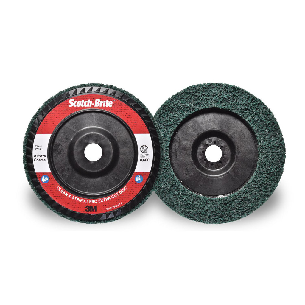 3M | Scotch-Brite™ Deburring Disc: 7" Dia, 7/8" Hole, Extra Coarse Grade, Aluminum Oxide - Quick-Change, Green, 8,600 Max RPM, Series Clean & Strip