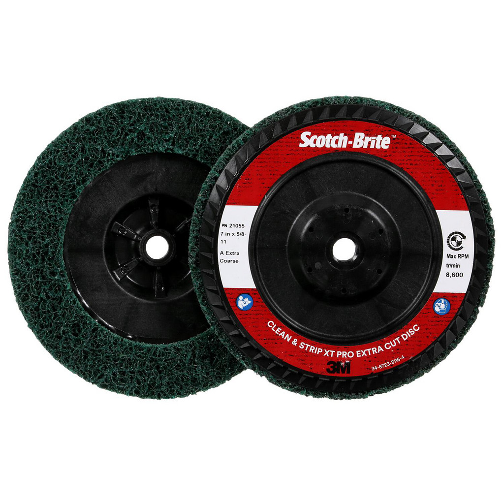 3M | Scotch-Brite™ Deburring Disc: 7" Dia, 5/8-11 Thread, Extra Coarse Grade, Aluminum Oxide - Quick-Change, Green, 8,600 Max RPM, Series Clean &