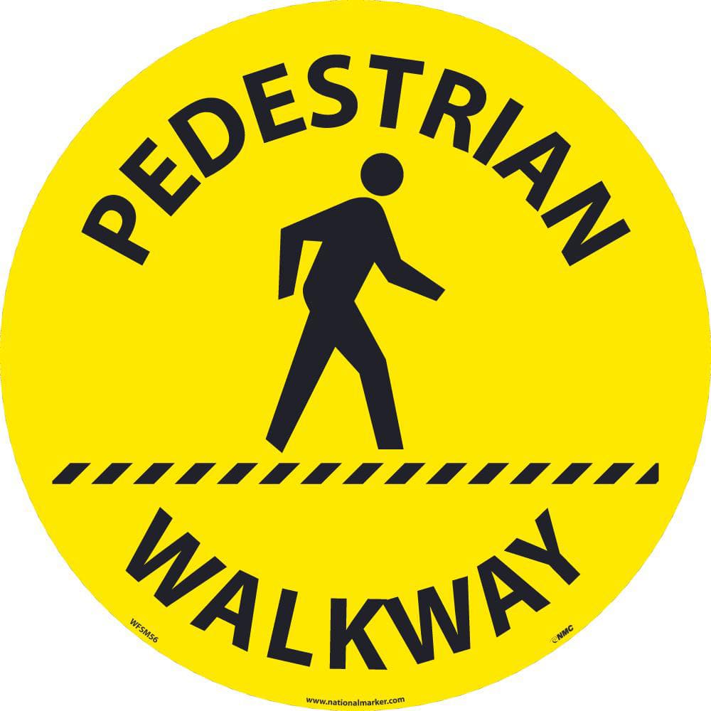 Restroom, Janitorial & Housekeeping Adhesive Backed Floor Sign: Round, ''Pedestrian Walkway''