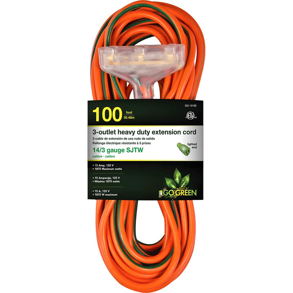 GoGreen Power GG-15100 Power Cords; Cord Type: Extension Cord ; Overall Length (Feet): 100 ; Cord Color: Orange ; Amperage: 15 ; Voltage: 125 ; Wire Gauge: 14 
