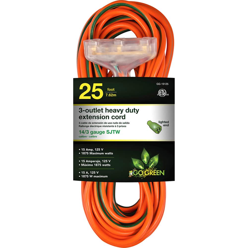 GoGreen Power GG-15125 Power Cords; Cord Type: Extension Cord ; Overall Length (Feet): 25 ; Cord Color: Orange ; Amperage: 15 ; Voltage: 125 ; Wire Gauge: 14 