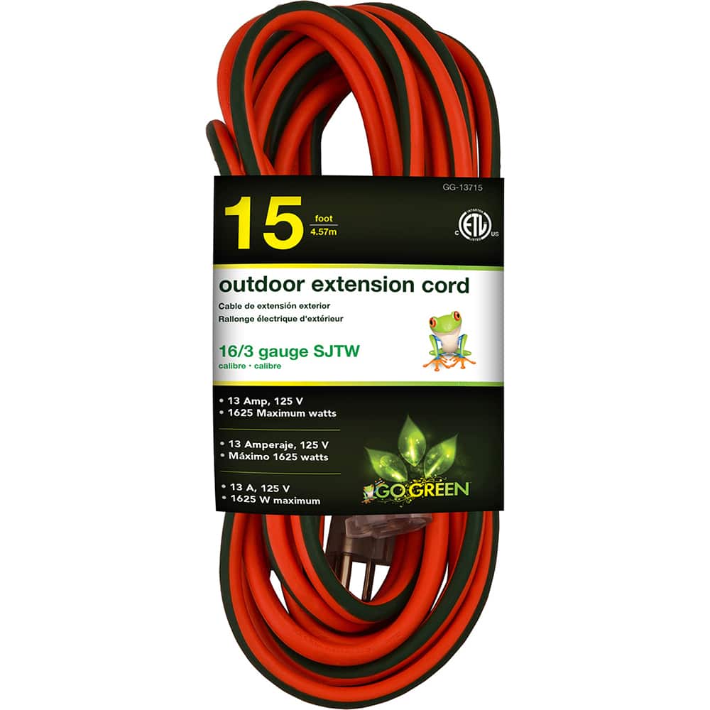 GoGreen Power - Power Cords; Cord Type: Extension Cord; Overall Length  (Feet): 15; Cord Color: Orange; Amperage: 13; Voltage: 125; Wire Gauge: 16;  Number Of Conductors: 3; Recommended Environment: Outdoor - 11280039 - MSC  Industrial Supply