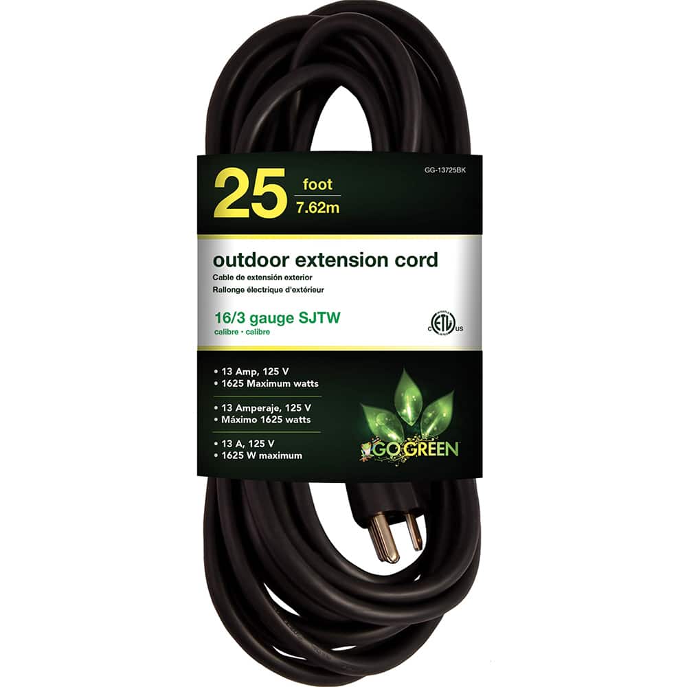 GoGreen Power GG-13725BK Power Cords; Cord Type: Extension Cord ; Overall Length (Feet): 25 ; Cord Color: Black ; Amperage: 13 ; Voltage: 125 ; Wire Gauge: 16 