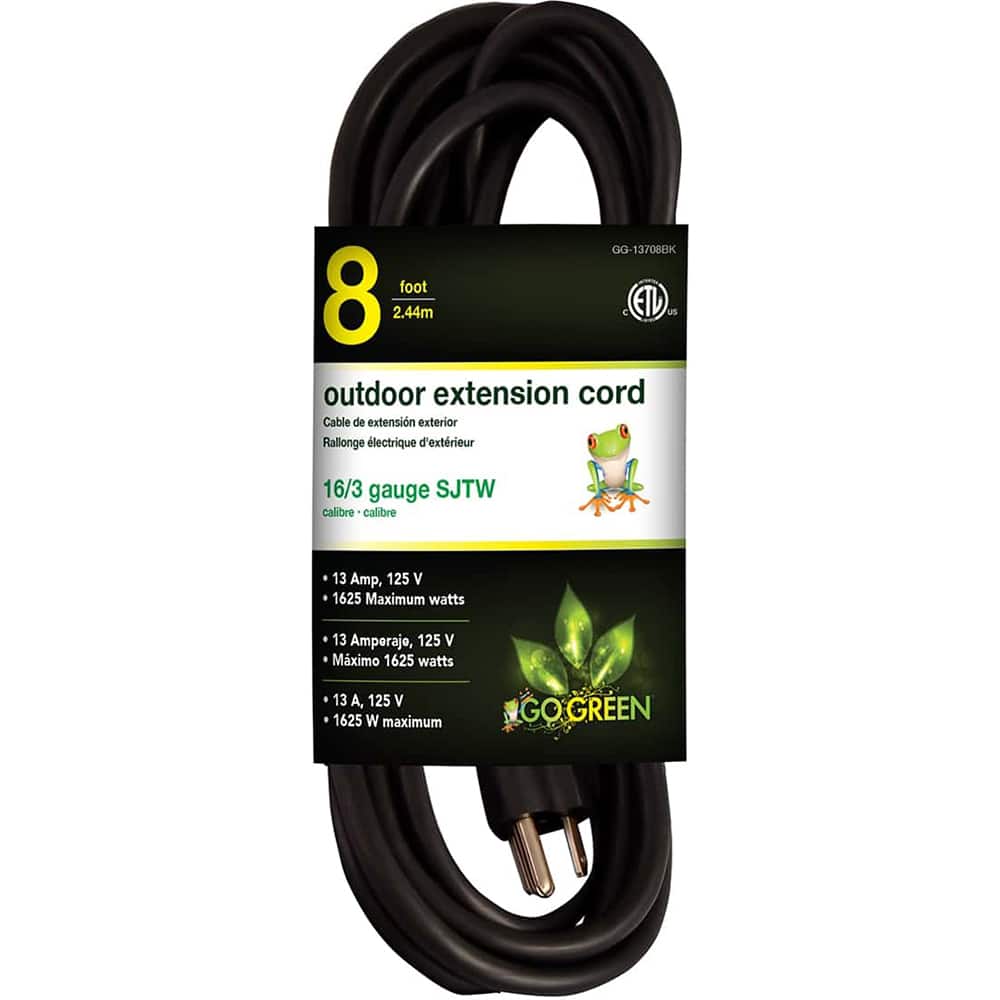 Power Cords; Cord Type: Extension Cord ; Overall Length (Feet): 8 ; Cord Color: Black ; Amperage: 13 ; Voltage: 125 ; Wire Gauge: 16