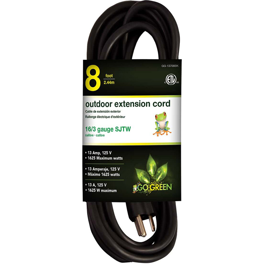 Power Cords: Cord Type: Extension Cord; Overall Length (Feet): 8; Cord Color: Black; Amperage: 13